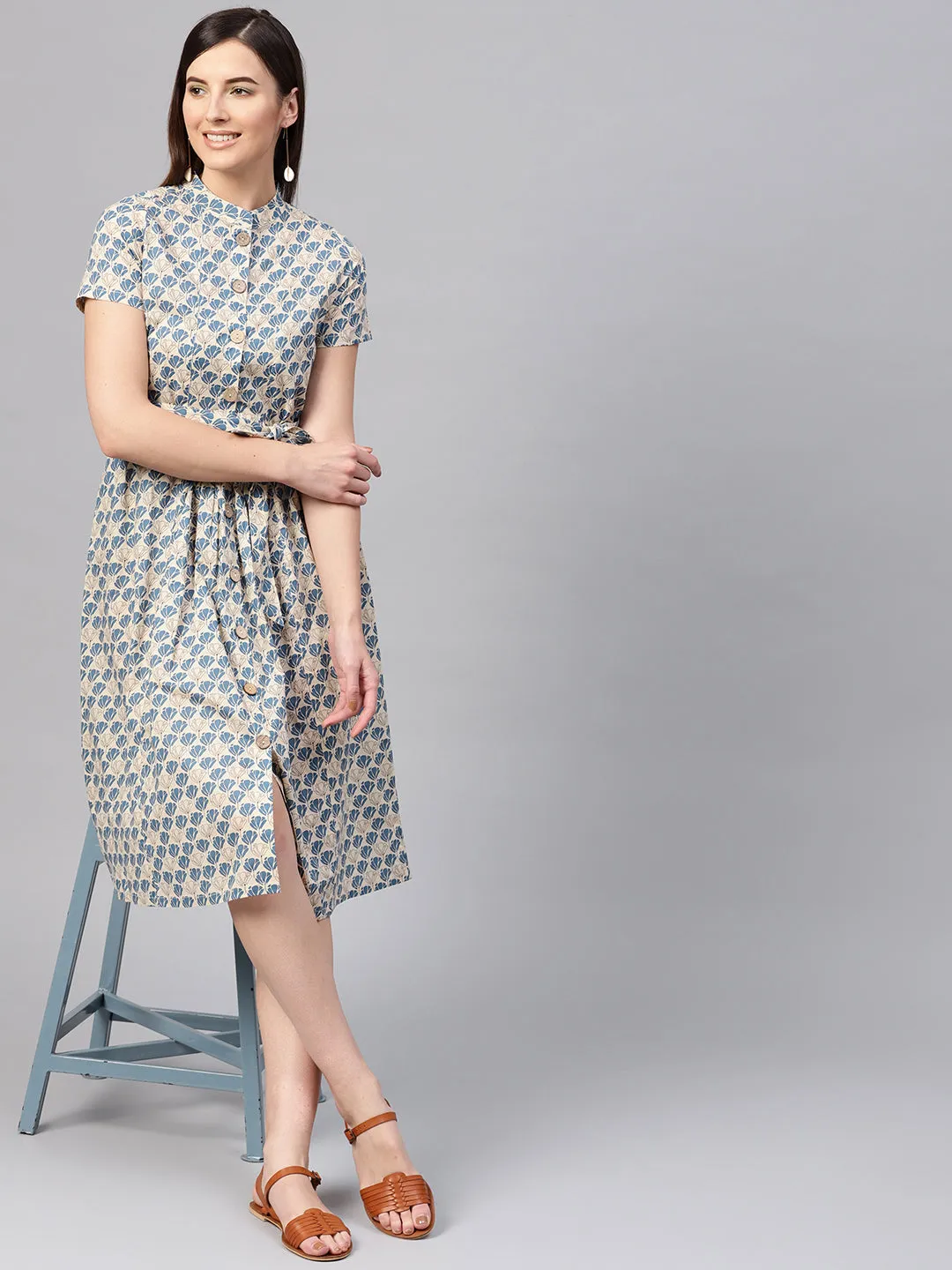 Women Beige & Blue Floral Tie-Up Flared Midi