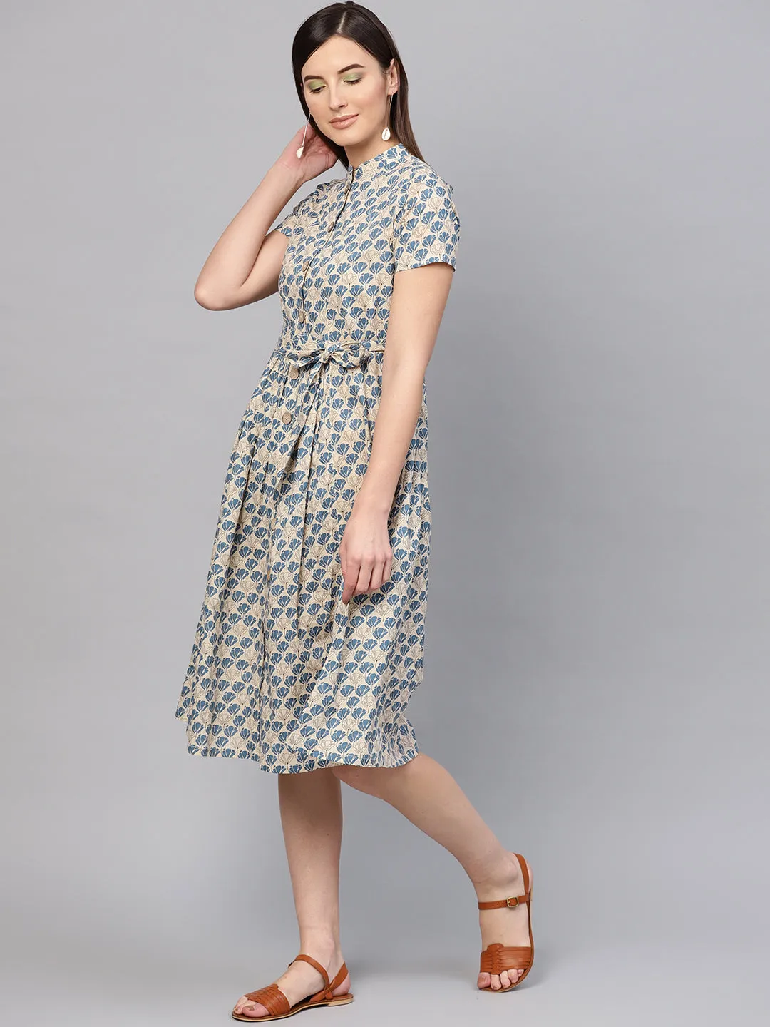 Women Beige & Blue Floral Tie-Up Flared Midi