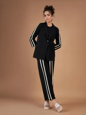 Women Black Contrast Tape Blazer With Straight Pants