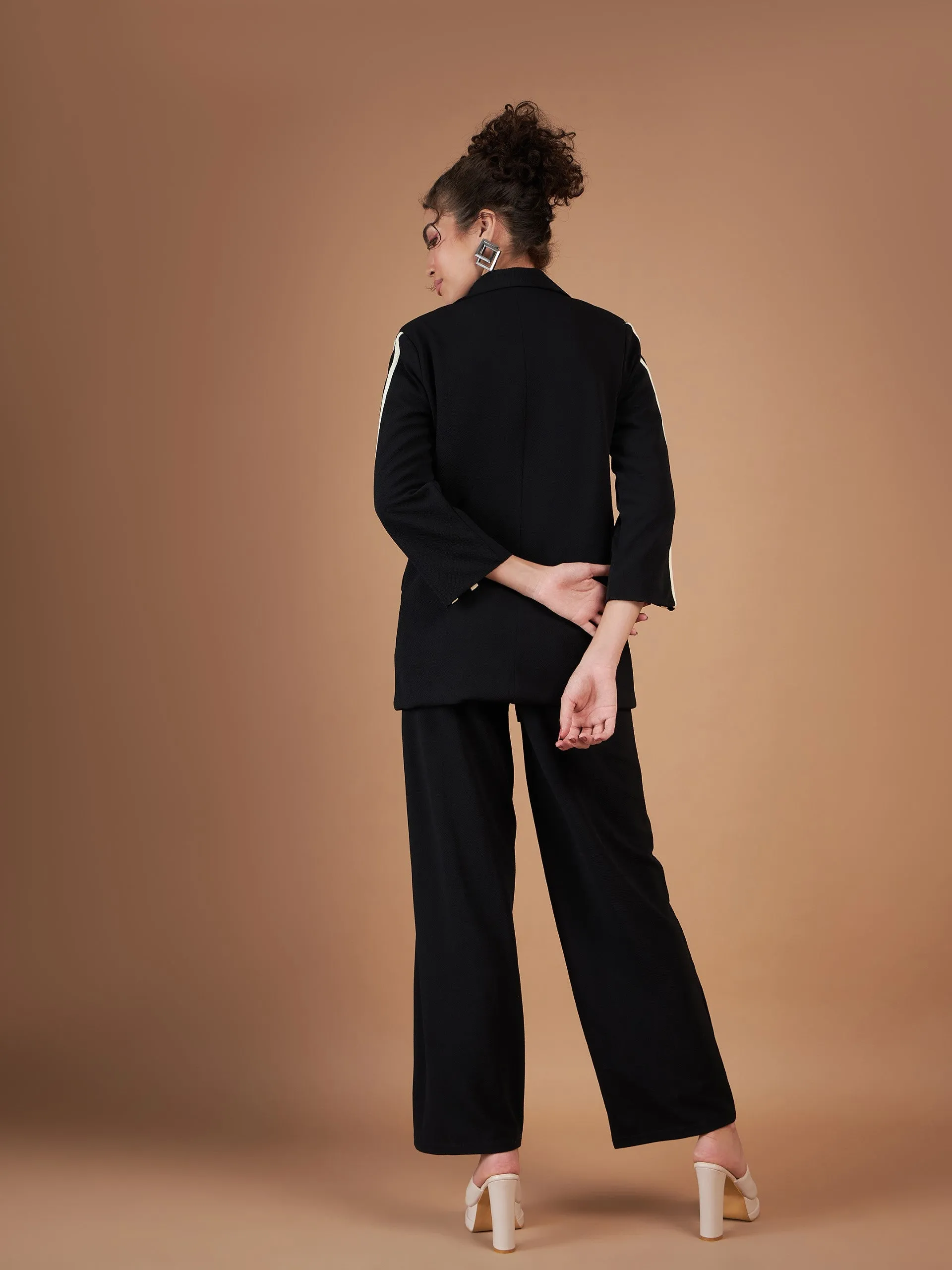 Women Black Contrast Tape Blazer With Straight Pants