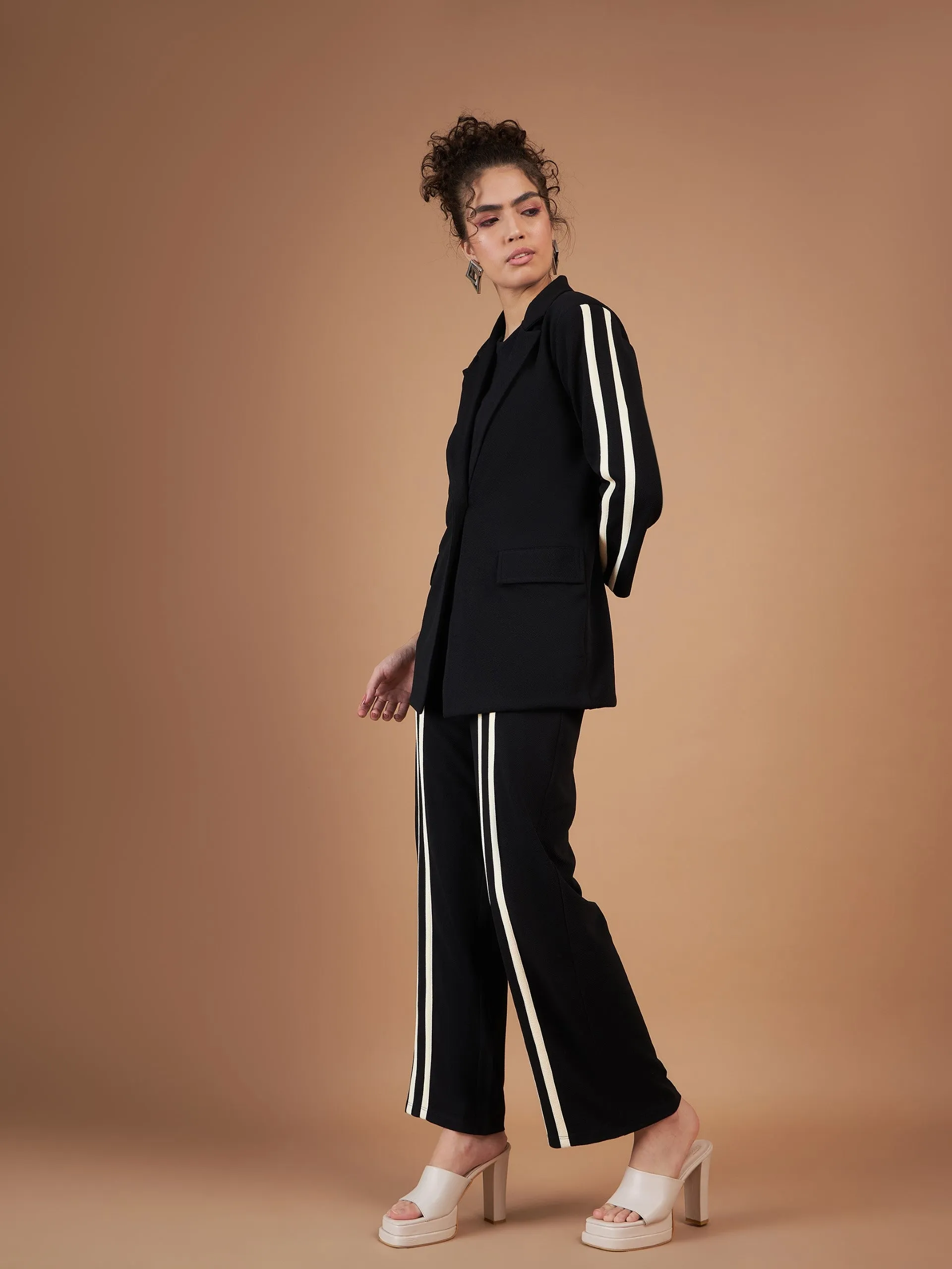 Women Black Contrast Tape Blazer With Straight Pants