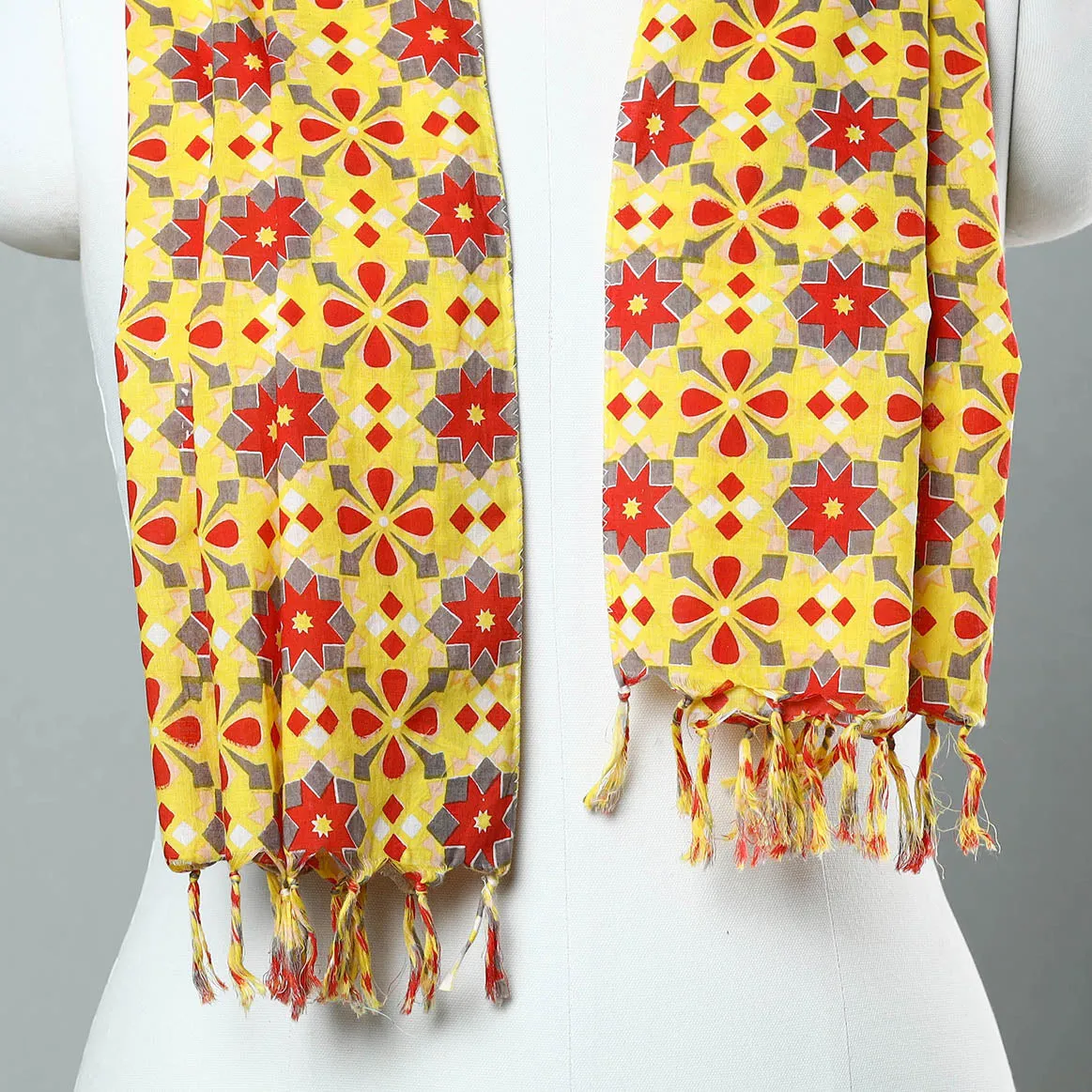 Yellow - Sanganeri Block Printed Cotton Stole with Tassels 01