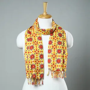 Yellow - Sanganeri Block Printed Cotton Stole with Tassels 01