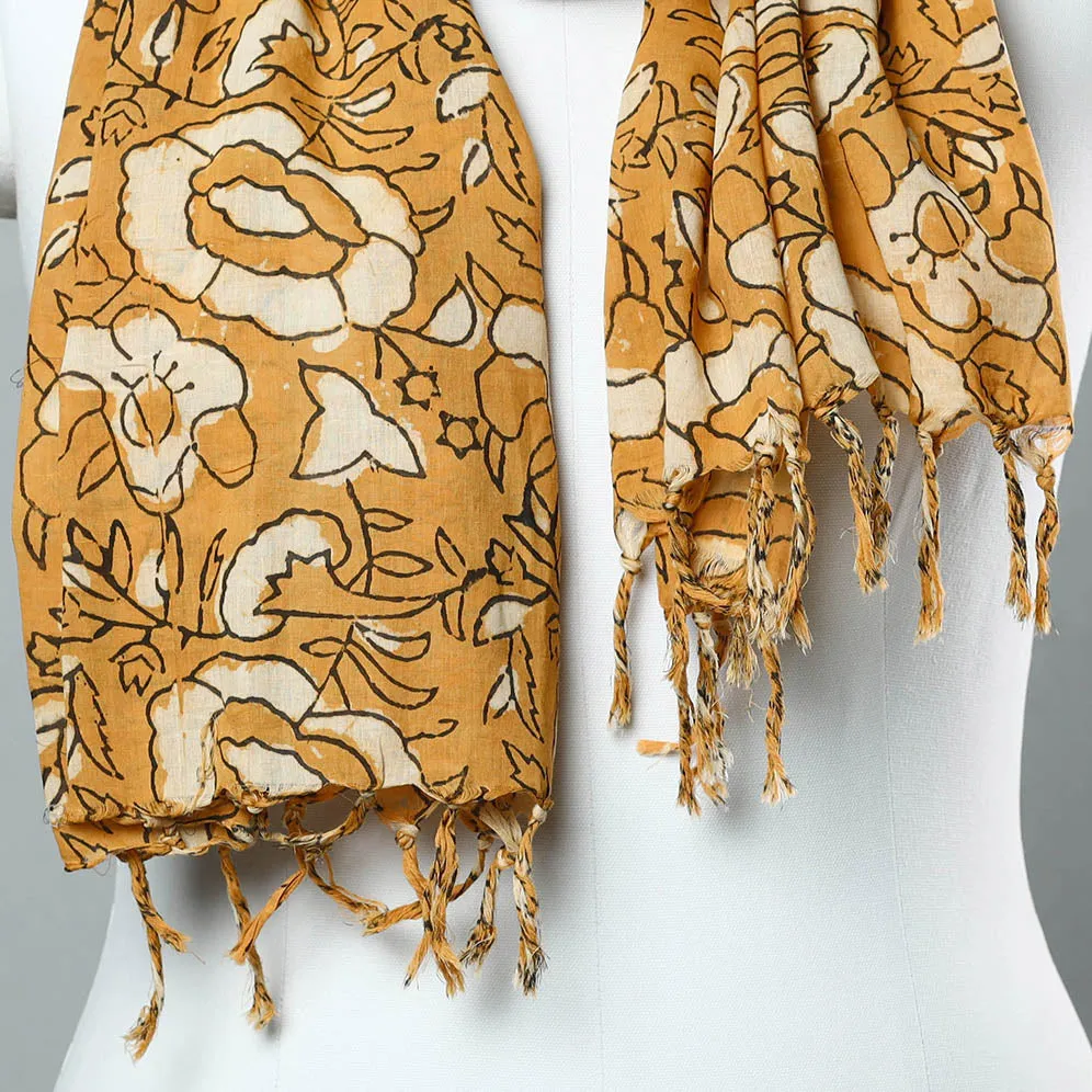 Yellow - Sanganeri Block Printed Cotton Stole with Tassels 124