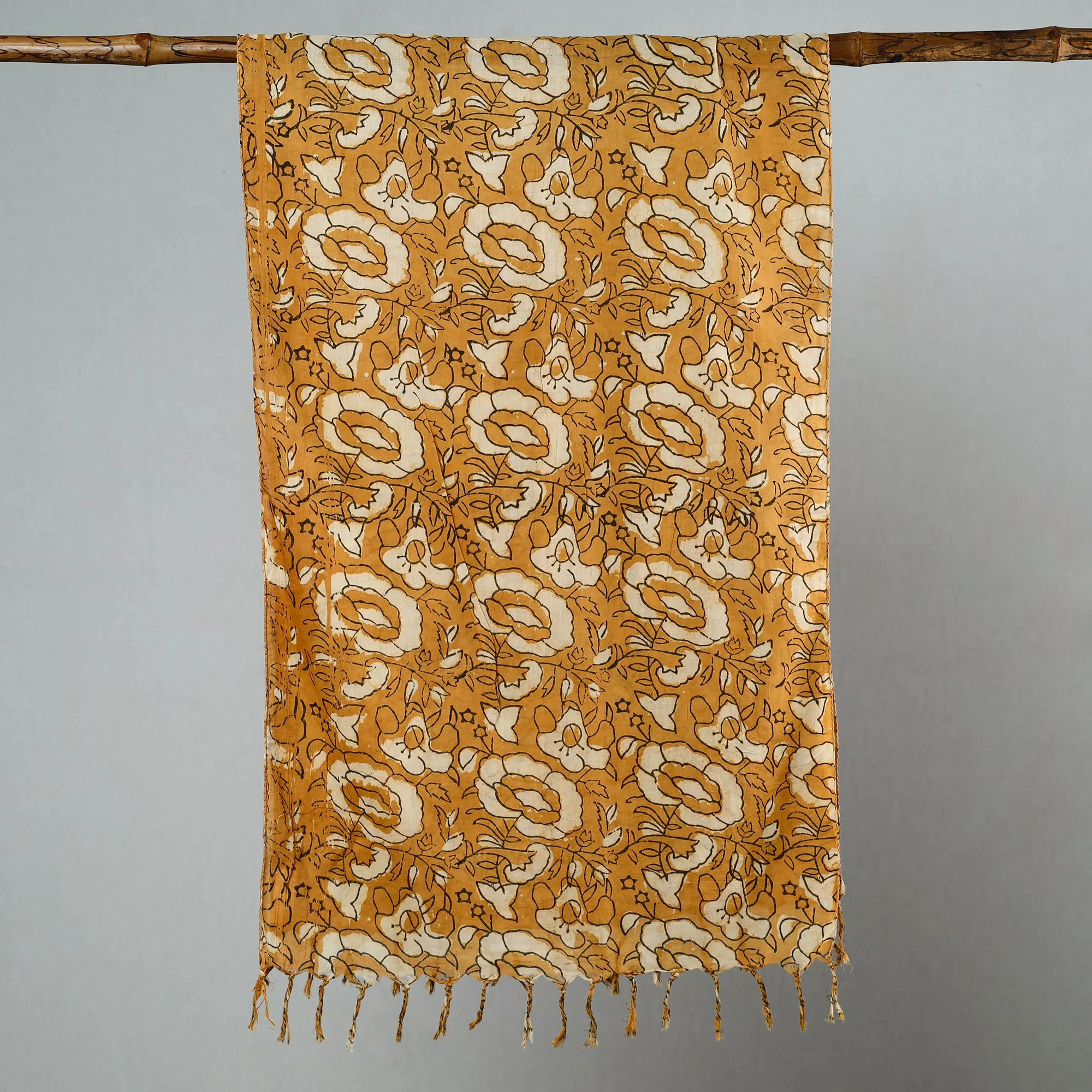 Yellow - Sanganeri Block Printed Cotton Stole with Tassels 124