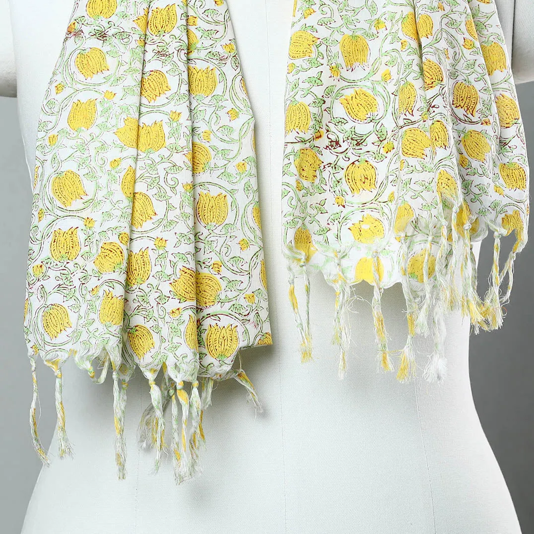 Yellow - Sanganeri Block Printed Cotton Stole with Tassels 154