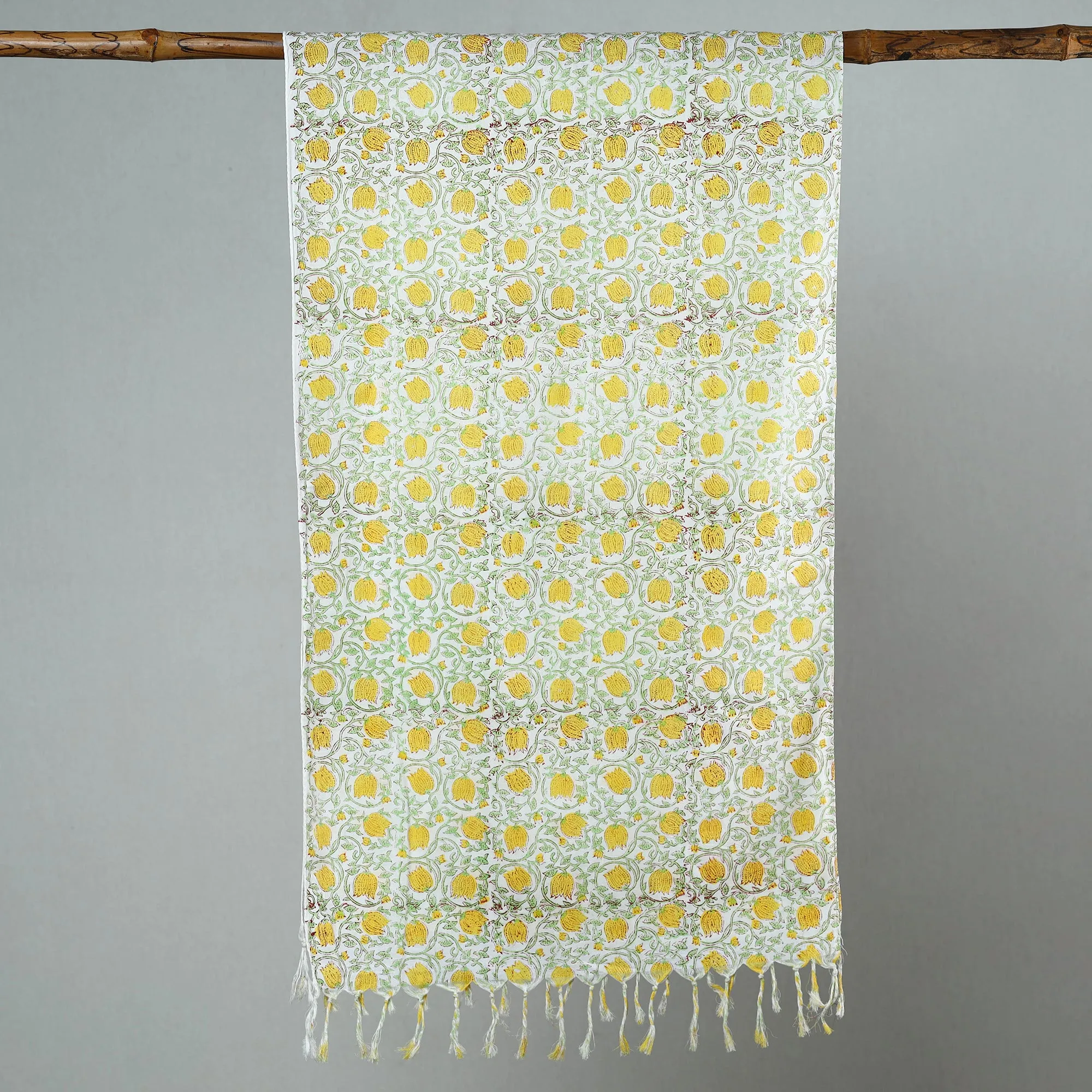 Yellow - Sanganeri Block Printed Cotton Stole with Tassels 154