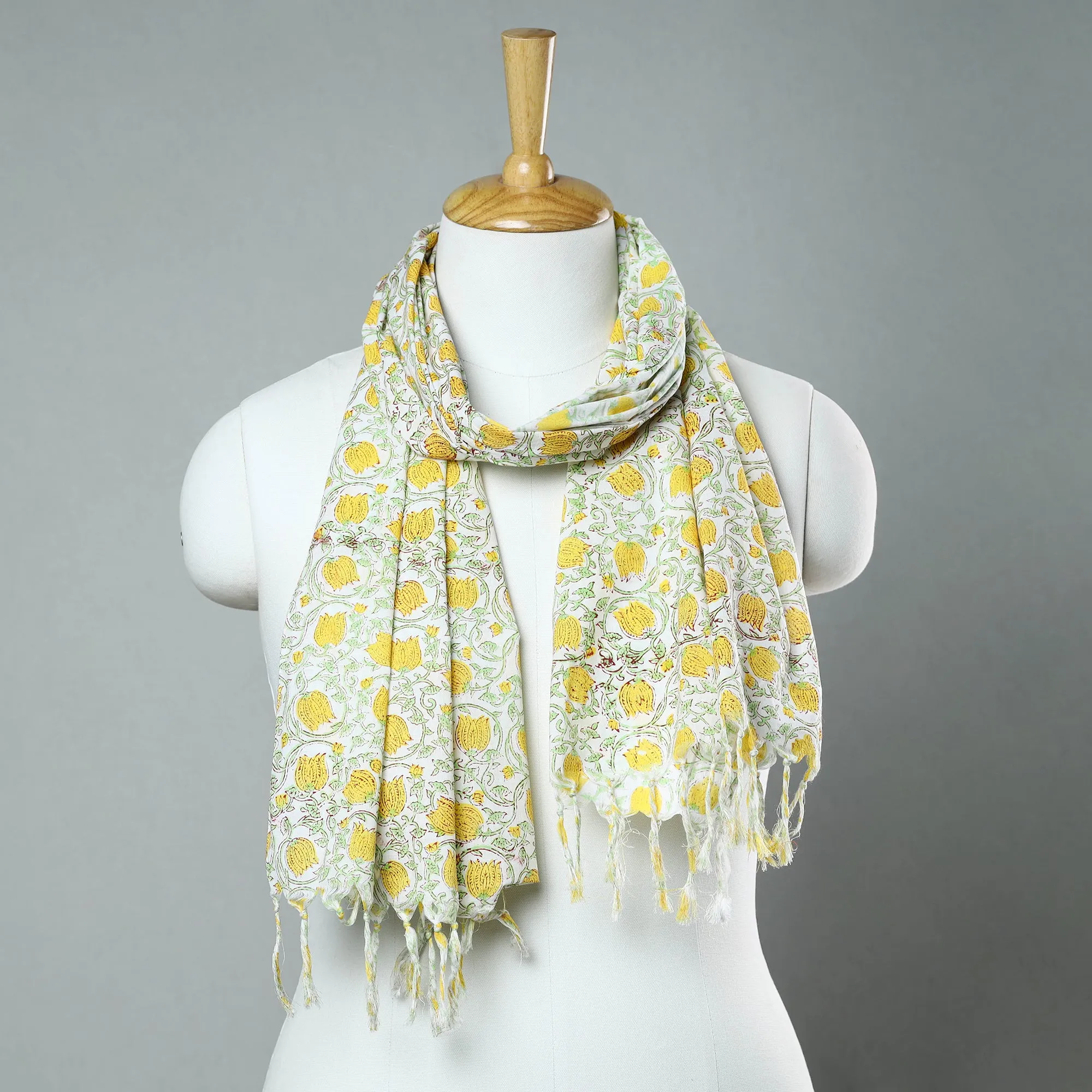 Yellow - Sanganeri Block Printed Cotton Stole with Tassels 154