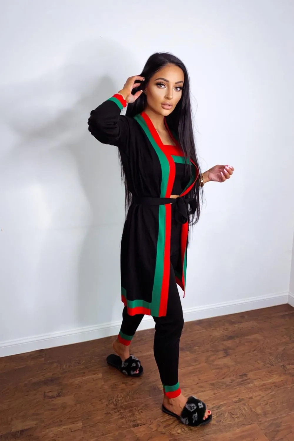 Zara Black Red and Green Striped Fine Knit 3 Piece Lounge Co-ord Set